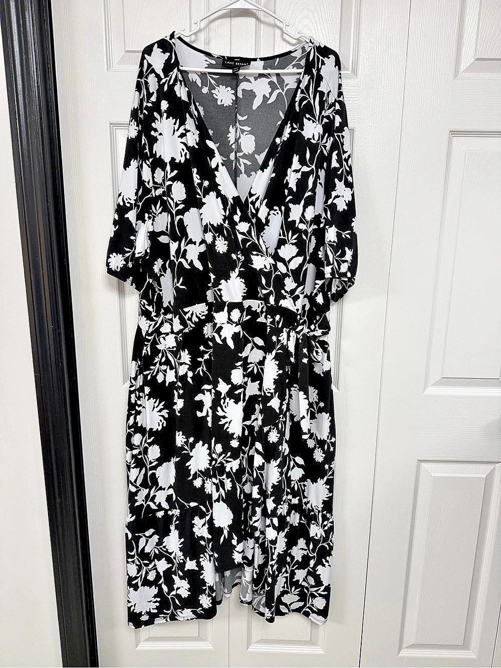 Lane Bryant Black and White Floral Faux-Wrap Midi Dress